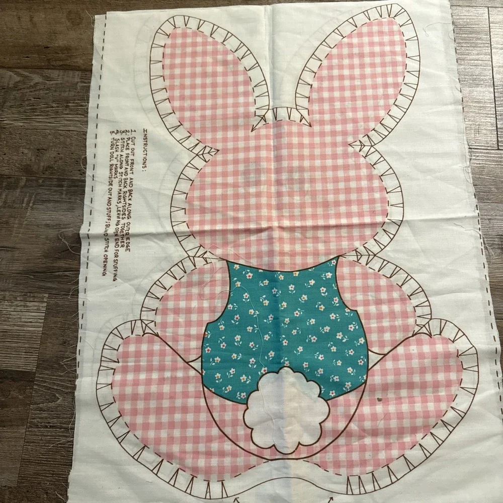 Vtg Cut N Sew Fabric Panel Pink Gingham Easter Bunny Rabbit Doll Pillow 19.5